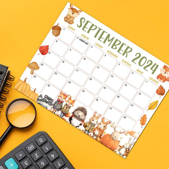 September 2024 Calendar Featuring Fall Animals