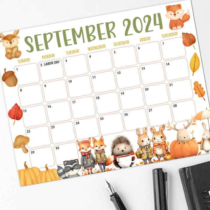 September 2024 Calendar Featuring Fall Animals