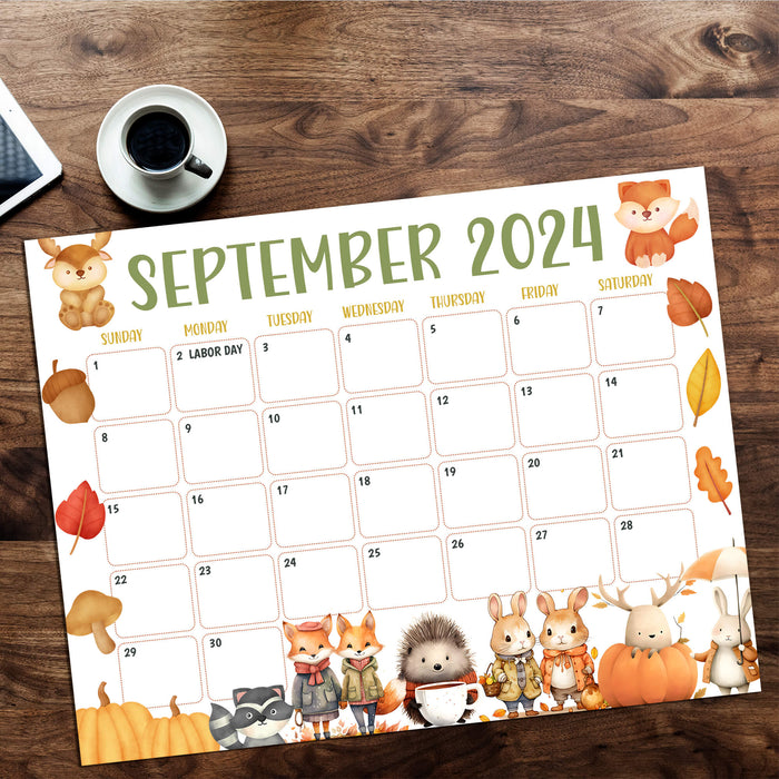 September 2024 Calendar Featuring Fall Animals