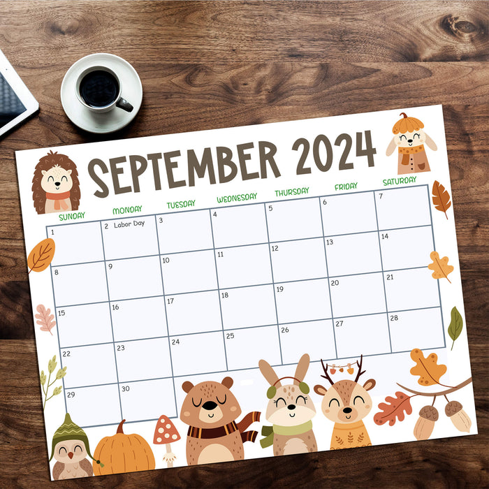 Autumn Themed September 2024 Printable Calendar with Animals