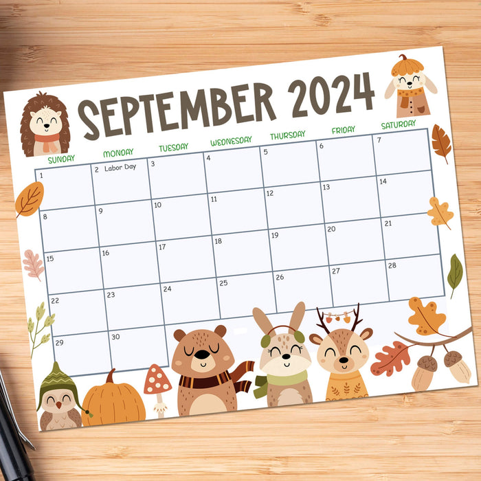 Autumn Themed September 2024 Printable Calendar with Animals