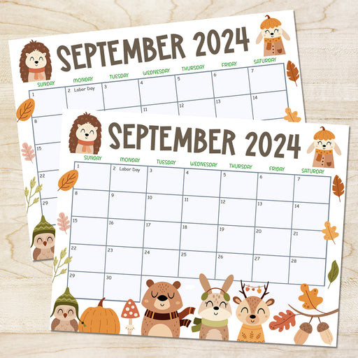 Autumn Themed September 2024 Printable Calendar with Animals