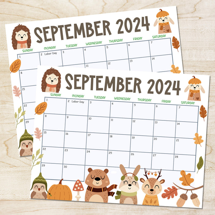 Autumn Themed September 2024 Printable Calendar with Animals