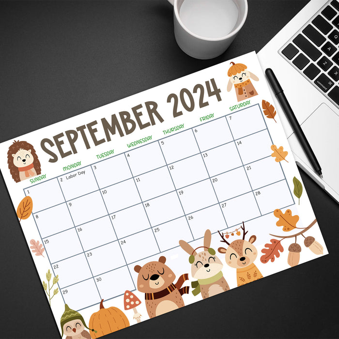 Autumn Themed September 2024 Printable Calendar with Animals