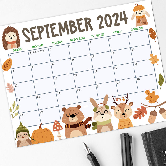 Autumn Themed September 2024 Printable Calendar with Animals