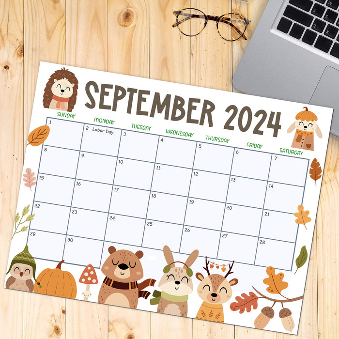 Autumn Themed September 2024 Printable Calendar with Animals