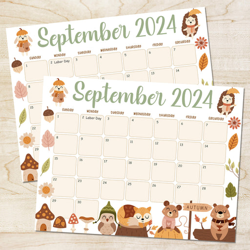 Fall Animals Theme Printable Calendar September 2024