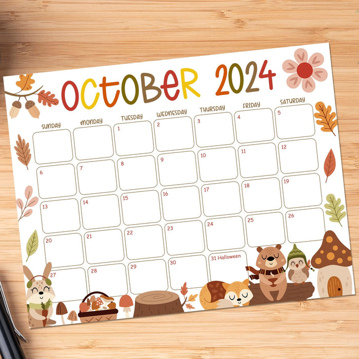 Cute Fall Animal October Calendar