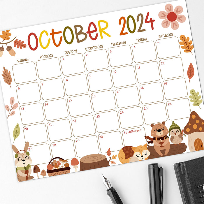 Cute Fall Animal October Calendar