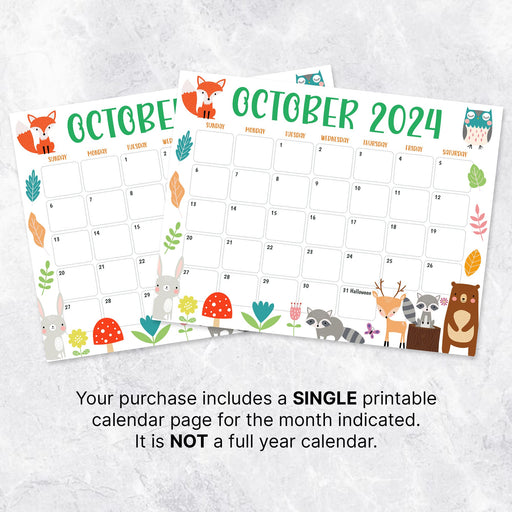 Fall Colors Animal October Calendar