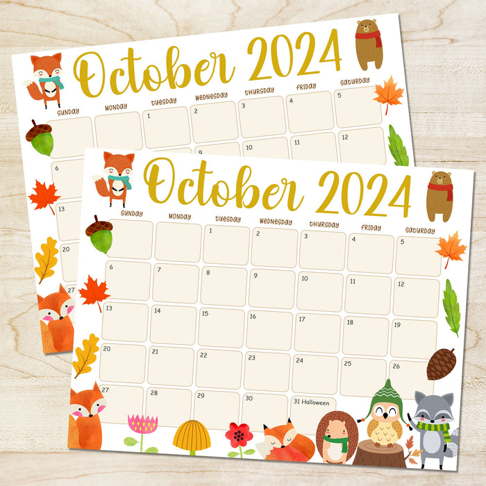 October Animal Fall Calendar