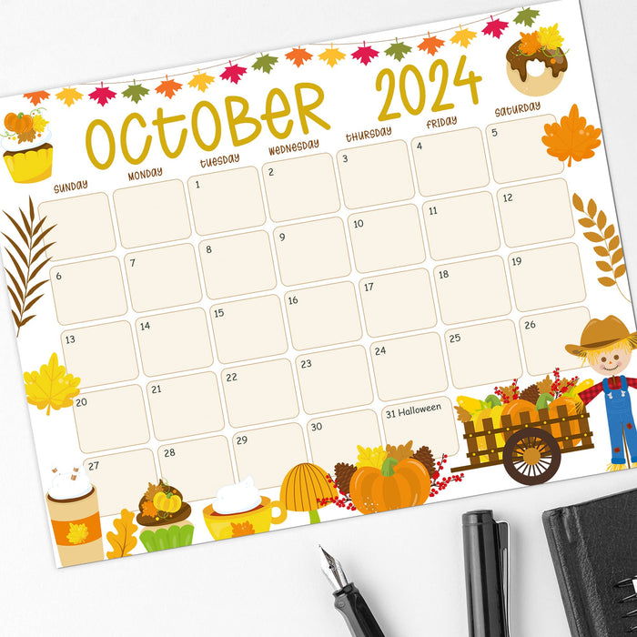 Cute Autumn Harvest October 2024 Calendar Printable