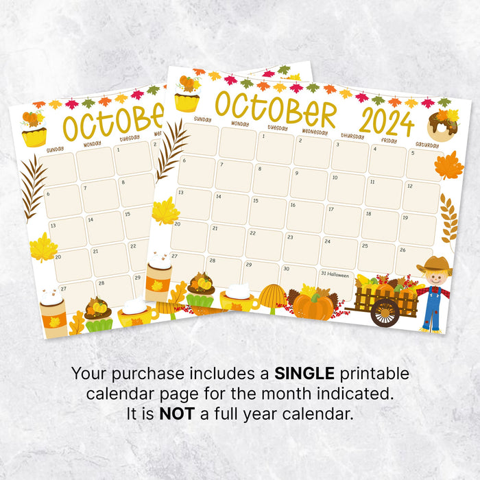 Cute Autumn Harvest October 2024 Calendar Printable