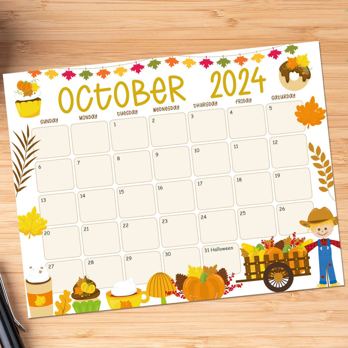 Cute Autumn Harvest October 2024 Calendar Printable