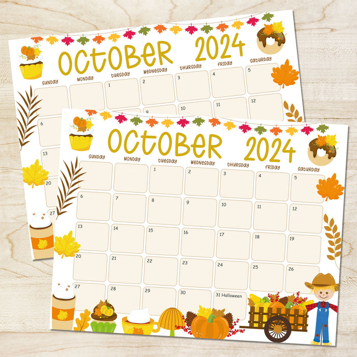 Cute Autumn Harvest October 2024 Calendar Printable