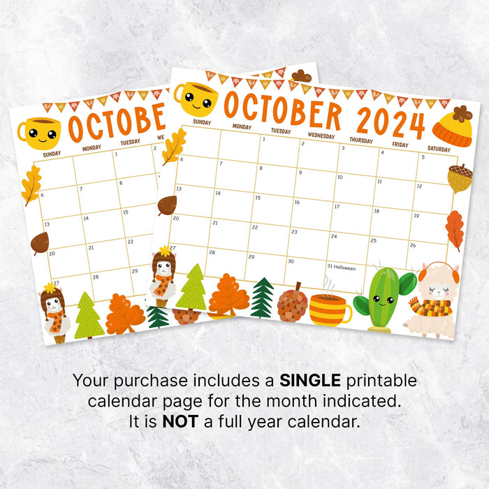 October 2024 Calendar with Fall Harvest Cute Theme