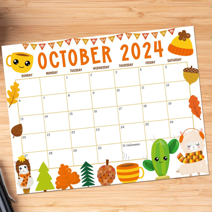 October 2024 Calendar with Fall Harvest Cute Theme