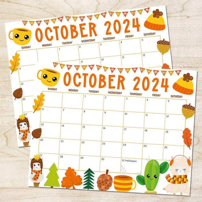 October 2024 Calendar with Fall Harvest Cute Theme