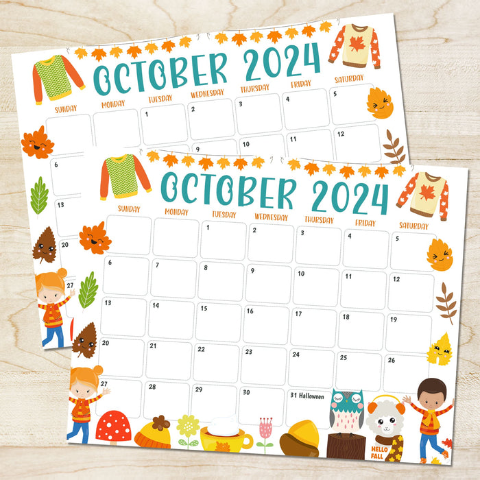 Printable Fall Harvest October 2024 Calendar Design