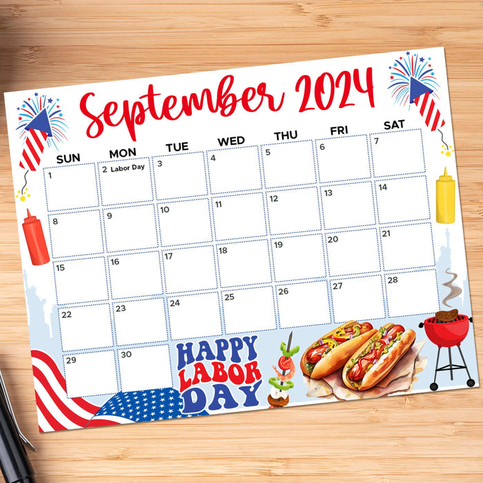 Labor Day BBQ Cookout Themed September 2024 Calendar