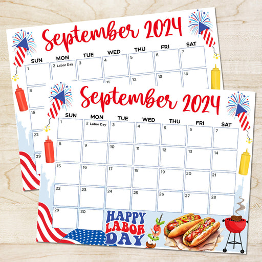 Labor Day BBQ Cookout Themed September 2024 Calendar