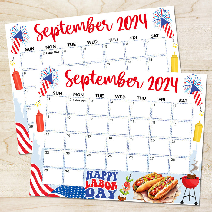 Labor Day BBQ Cookout Themed September 2024 Calendar