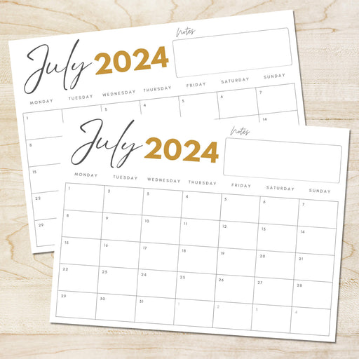 PDF Minimalist July 2024 Calendar | Printable Monthly Blank Calendar Planner