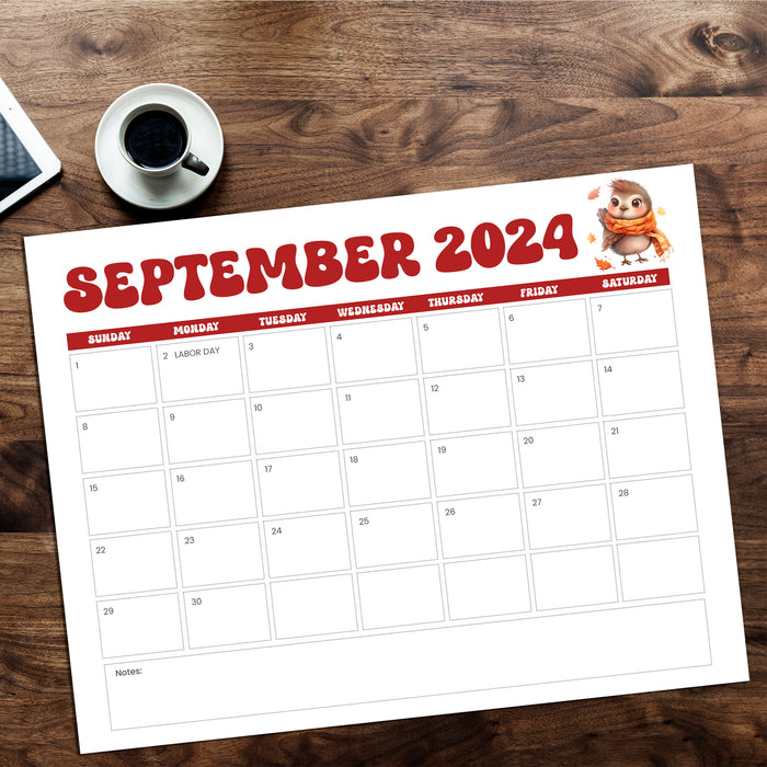 September 2024 Calendar with Minimalist  Retro Design