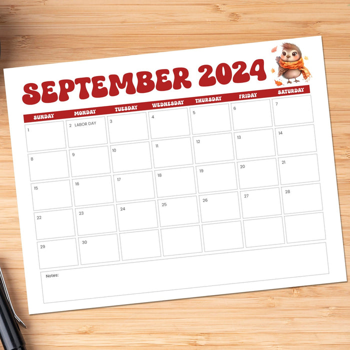 September 2024 Calendar with Minimalist  Retro Design