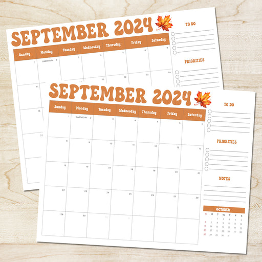 Simple Minimalist  Retro Design Planner Calendar September 2024