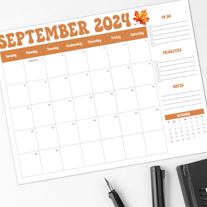 Simple Minimalist  Retro Design Planner Calendar September 2024