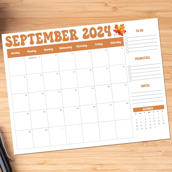 Simple Minimalist  Retro Design Planner Calendar September 2024