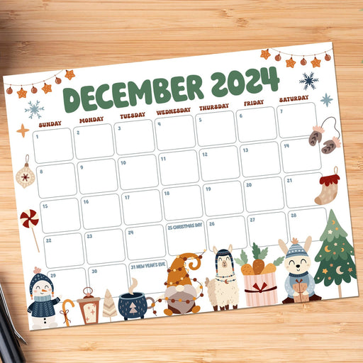 Retro December Calendar with Cute Design Printable