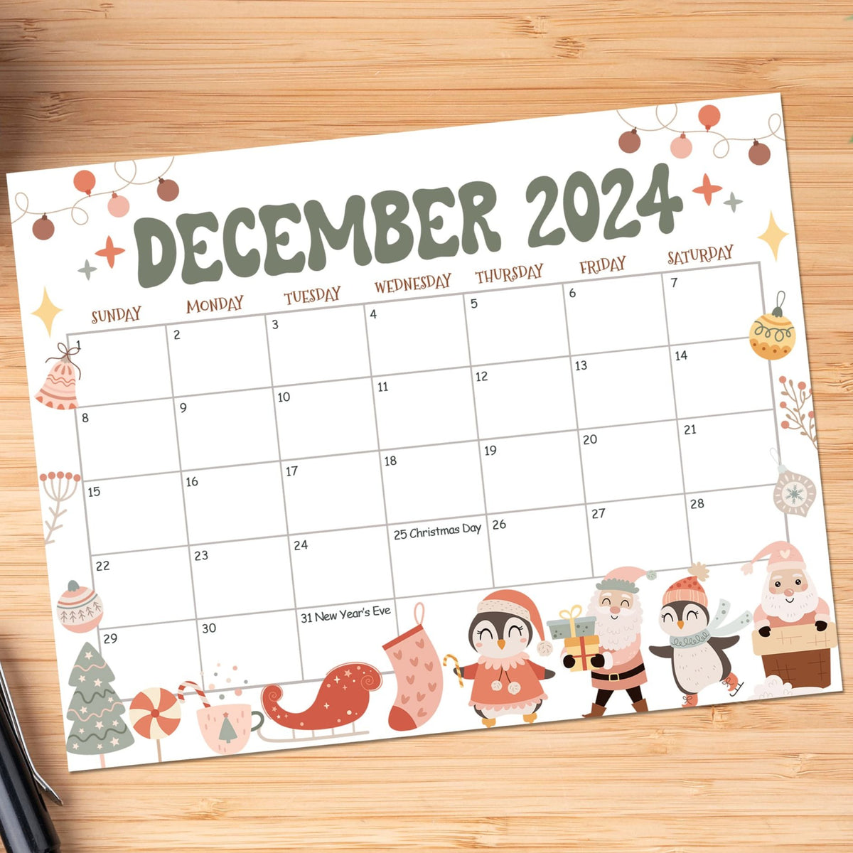 Printable Cute December Calendar with Retro Style Posh Park