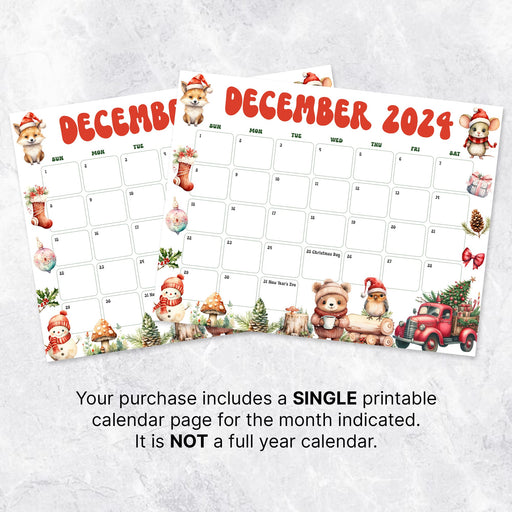 Printable Whimsical Cute December Calendar