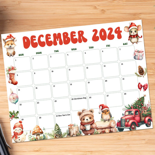 Printable Whimsical Cute December Calendar