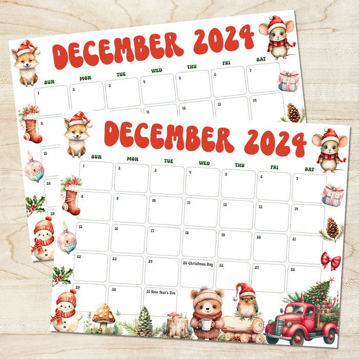 Printable Whimsical Cute December Calendar