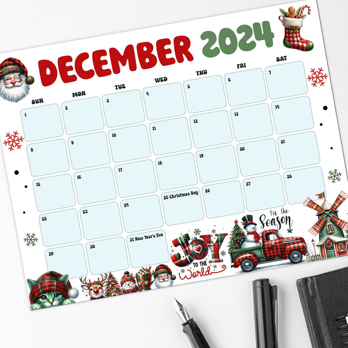 December Calendar with Whimsical Retro Style Printable