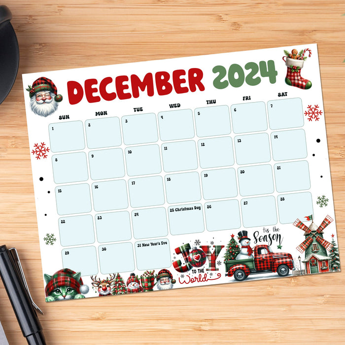 December Calendar with Whimsical Retro Style Printable