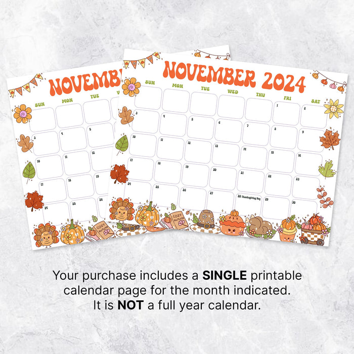 Cute Retro Whimsical November Calendar Printable