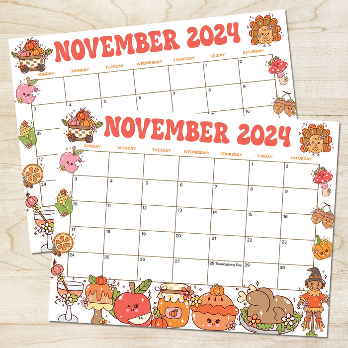 Vintage November Calendar Printable Retro Design