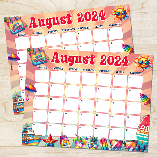 PDF 90's Retro Summer Theme August 2024 Calendar | Printable Vintage Groovy Summer Monthly Planner