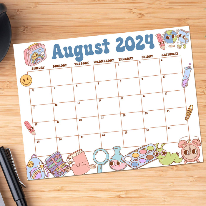 PDF Back To School Retro Vibe August 2024 Calendar | Printable Classic Nostalgic Themed August Monthly Planner