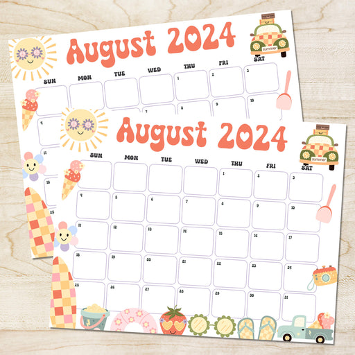 PDF Cute Retro Summer Vibe Theme August 2024 Calendar | Printable Vintage Style August Monthly Planner