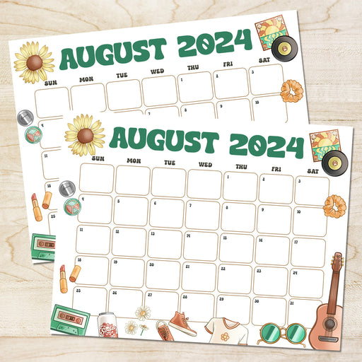 PDF Vintage Summer Vibe August 2024 Calendar | Printable Retro Nostalgic Summer Theme Monthly Planner
