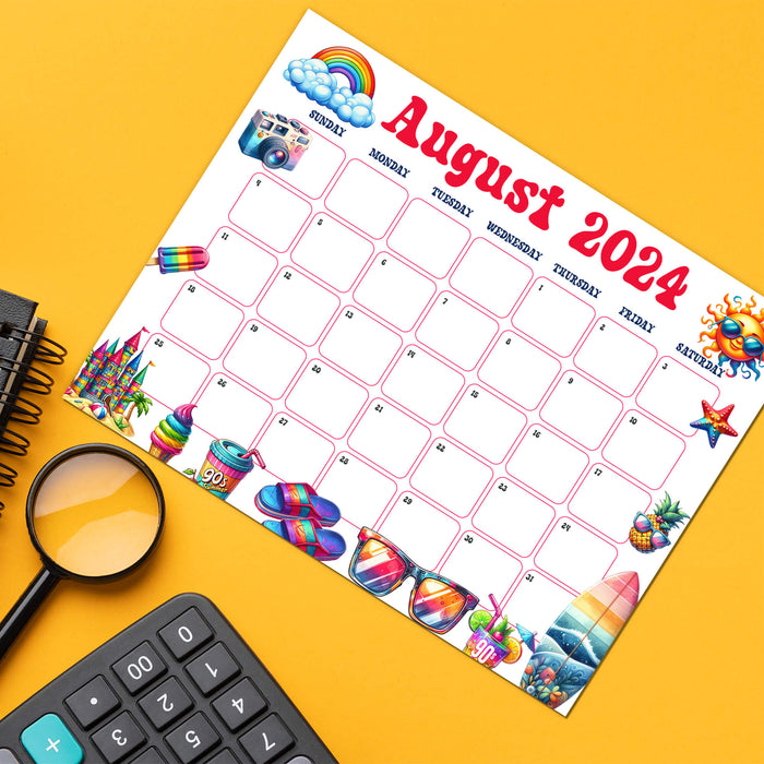 PDF Retro 90's Summer Vibe Theme August 2024 Calendar | Printable Vintage Groovy Summer Monthly Planner