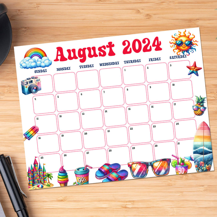 PDF Retro 90's Summer Vibe Theme August 2024 Calendar | Printable Vintage Groovy Summer Monthly Planner - Posh Park pdf-retro-90-s-summer-vibe-theme-august-2024-calendar-printable-vintage-groovy-summer-monthly-planner-posh-park