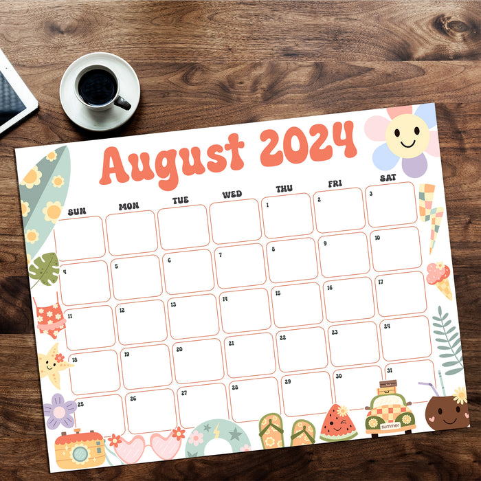 Adorable Retro August 2024 Summer Theme Printable Calendar