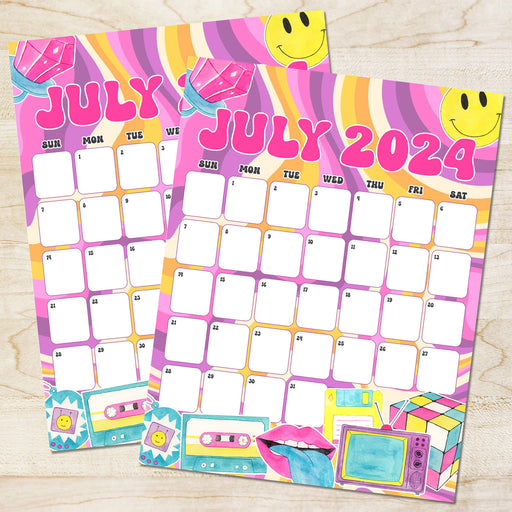 PDF Retro Vibe Colorful Theme July 2024 Calendar | Printable Retro Vintage Vibe July Monthly Planner