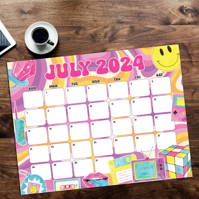 PDF Colorful Retro Theme July 2024 Calendar | Printable Vintage Retro Vibe July Monthly Planner